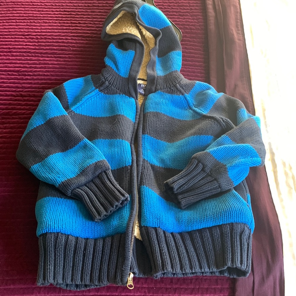 Boys two tone blue stripe jacket from Gap. Hoodie, heavy front zip.